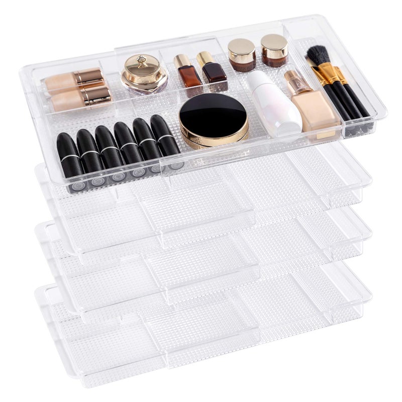 Oubonun Expandable Drawer Organizer 11.1â€ to 19.2â€ Width, Shallow Cosmetic Organizer 1.3â€ Height, 4 Packs, Clear Plastic Storage Trays for Dressing Table,Bathroom - Image 1
